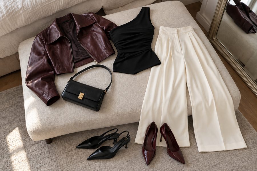 Burgundy cropped jacket, black one-shoulder top, ivory wide-leg trousers, black bag, burgundy pumps and black slingbacks