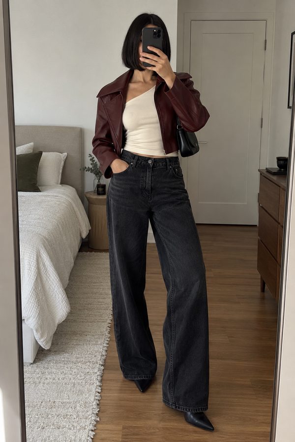 Mirror outfit: burgundy cropped jacket, ivory one-shoulder top, wide-leg black jeans, pointed black boots and black bag